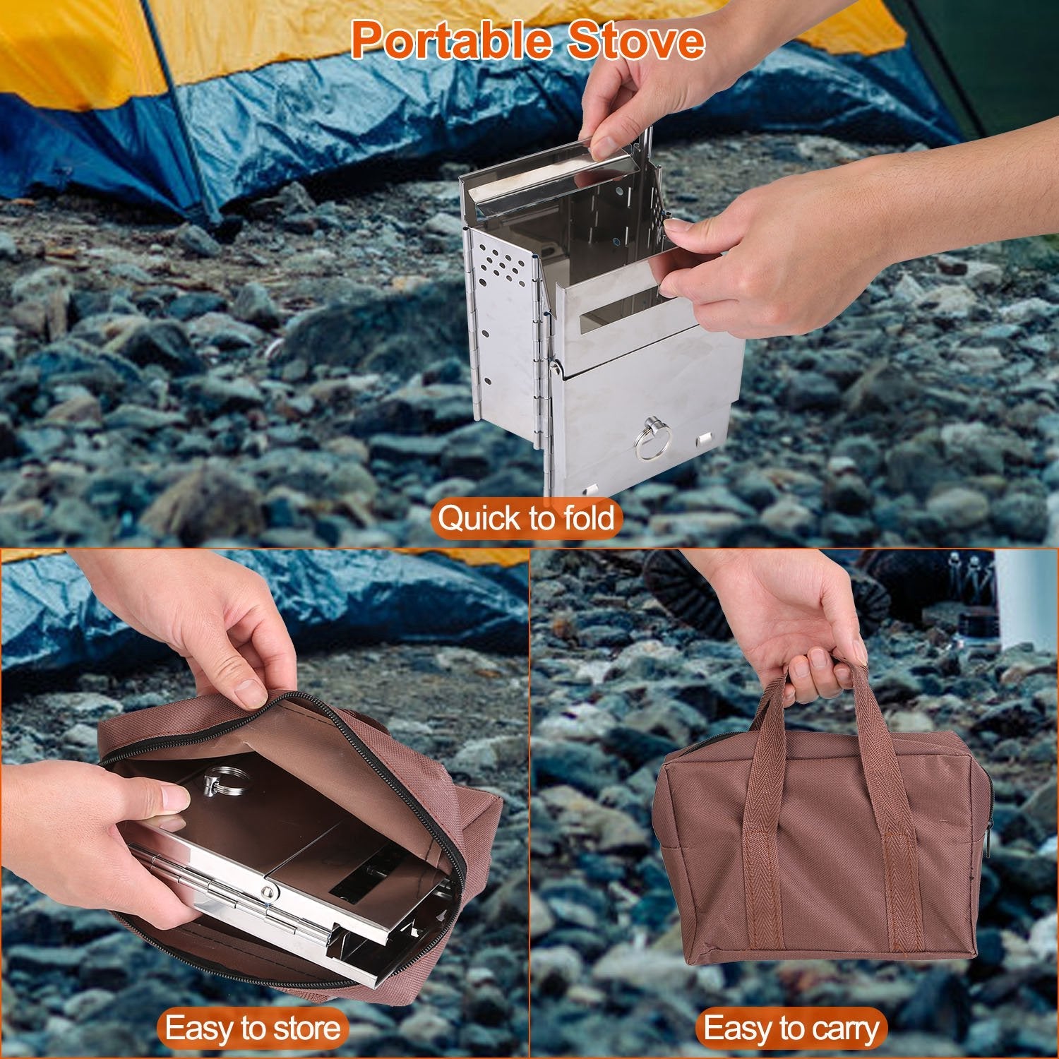 1Pc Portable Backpacking Stove For Camping Hiking Picnic BBQ Outdoor Cooker Folding Travel Charcoal Stove With Handle Carry Bag 2 Bolts - Beautybuzz