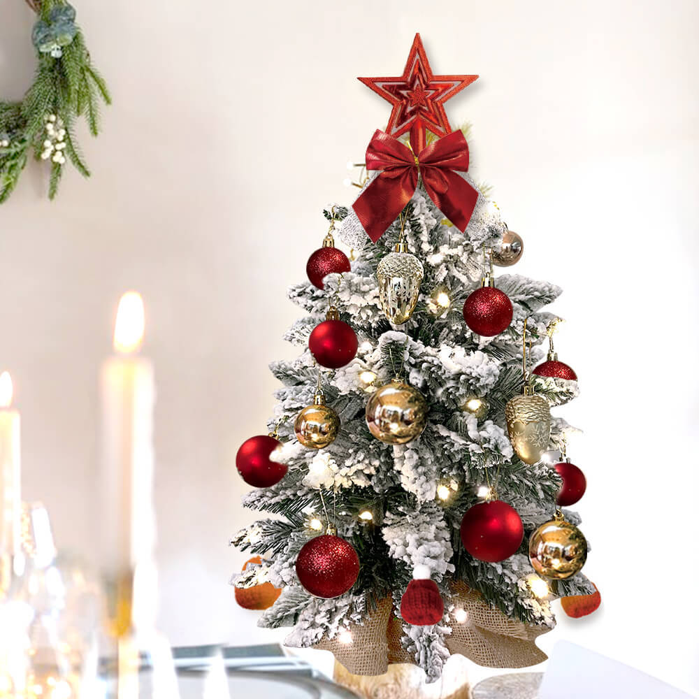 2ft Mini Christmas Tree With Light Artificial Small Tabletop Christmas Decoration With Flocked Snow, Exquisite Decor & Xmas Ornaments For Table Top For Home & Office - Beautybuzz