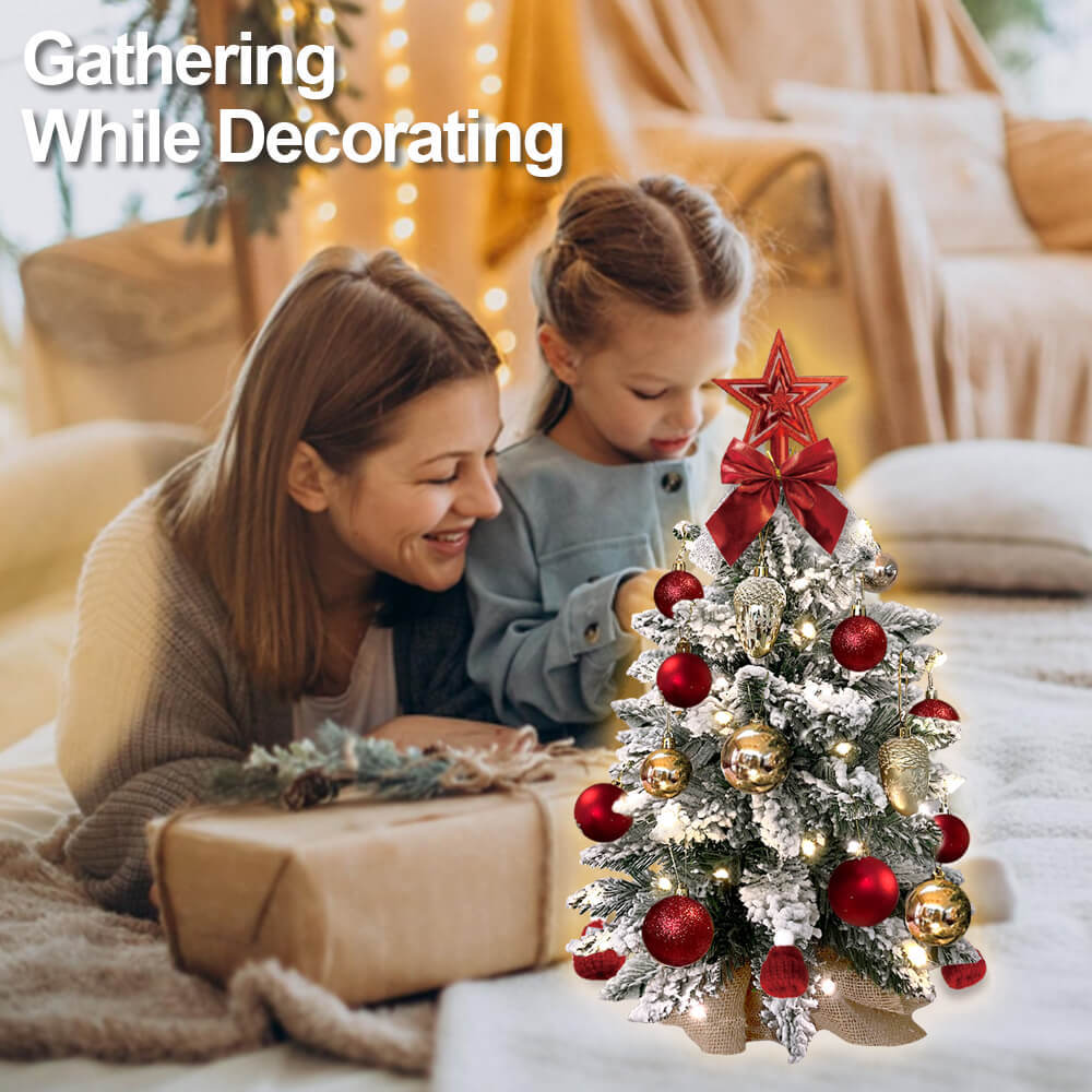 2ft Mini Christmas Tree With Light Artificial Small Tabletop Christmas Decoration With Flocked Snow, Exquisite Decor & Xmas Ornaments For Table Top For Home & Office - Beautybuzz