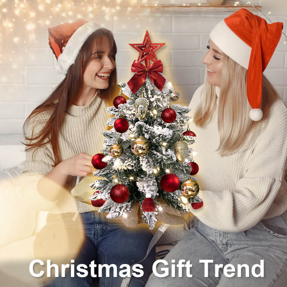 2ft Mini Christmas Tree With Light Artificial Small Tabletop Christmas Decoration With Flocked Snow, Exquisite Decor & Xmas Ornaments For Table Top For Home & Office - Beautybuzz